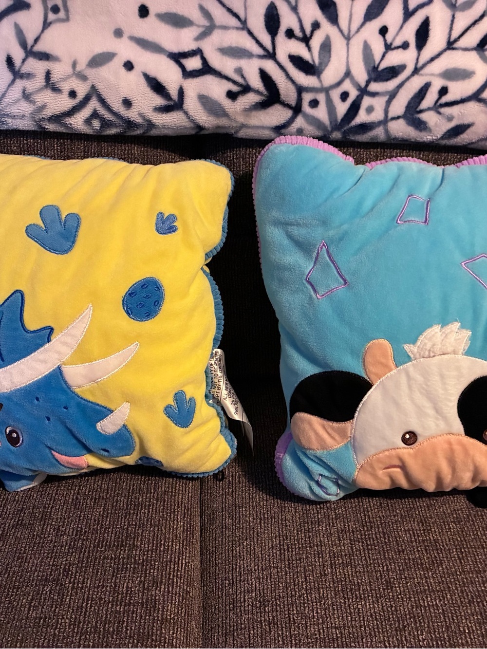 Plush Dinosaur & Cow Kids Throw Pillows - Blue, Yellow and blanket into one